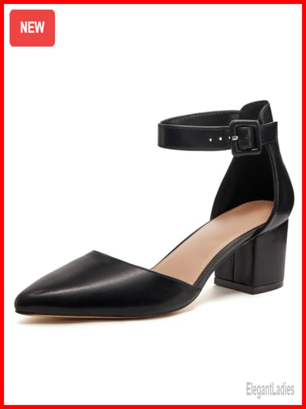 Women's Pointed Toe Chunky Block Heel Ankle Strap D'Orsay Pumps Faux Leather